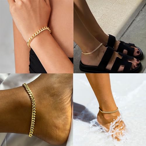 Foxgirl Gold Ankle Bracelets for Women 14K Gold Plated/Silver Anklets for Women Waterproof Minimalist Cuban Link Anklets Set Dainty Layered Ankle Bracelets Anklets for Women Gold Anklet Jewelry Gifts - style: Gold Plated