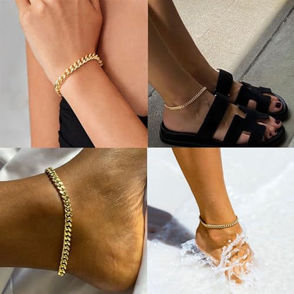 Foxgirl Gold Ankle Bracelets for Women 14K Gold Plated/Silver Anklets for Women Waterproof Minimalist Cuban Link Anklets Set Dainty Layered Ankle Bracelets Anklets for Women Gold Anklet Jewelry Gifts - style: Gold Plated