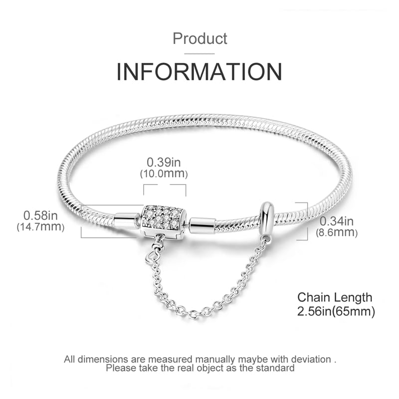 KUNSIR 925 Sterling Silver Snake Chain Bracelet with Safety Chain Charm Bracelets for Women Teen - style: KJB045