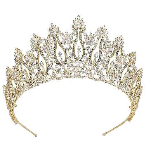 QXMYOO Luxury Wedding Tiaras for Bride Cubic Zirconia Big Tall Crown Quinceanera Crystal Headband for Women CZ Pageant Birthday Prom Party Headpiece Bridal Hair Accessories Silver - color: Gold