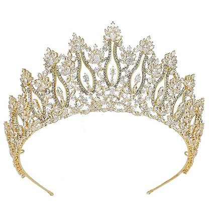 QXMYOO Luxury Wedding Tiaras for Bride Cubic Zirconia Big Tall Crown Quinceanera Crystal Headband for Women CZ Pageant Birthday Prom Party Headpiece Bridal Hair Accessories Silver - color: Gold