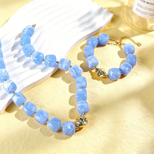 NEWITIN 2 Pieces Summer Beach Jewelry for Women Chunky Beaded Necklace Bracelet Trendy Big Resin Beaded Choker Boho Charm Statement Colorful Jewelry Set for Women - color: Blue