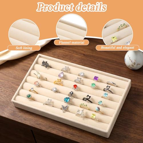 Velvet Ring Box, Earring Holder Organizer Display Tray, Jewelry Rings Earring Tray Display Holder Organizer for Vendors 8.35 x 5.91 x 0.91 Inches Rings Storage Box (7 Slots, Beige)