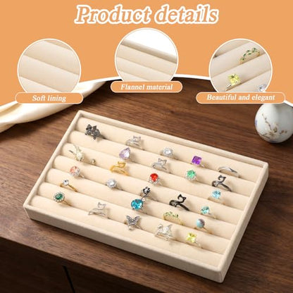 Velvet Ring Box, Earring Holder Organizer Display Tray, Jewelry Rings Earring Tray Display Holder Organizer for Vendors 8.35 x 5.91 x 0.91 Inches Rings Storage Box (7 Slots, Beige)