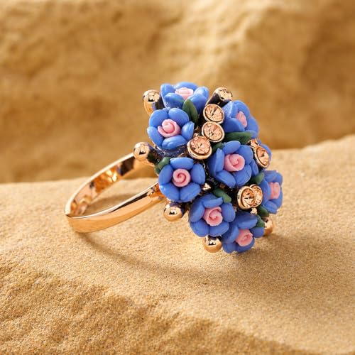 Floral Statement Ring for Women, Colorful Rose Cluster Adjustable Ring with Rhinestone Accent Fashion Jewelry Gift