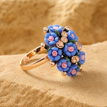 Floral Statement Ring for Women, Colorful Rose Cluster Adjustable Ring with Rhinestone Accent Fashion Jewelry Gift
