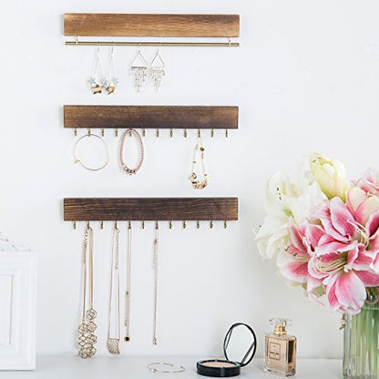 MyGift 3-Piece Wall Jewelry Organizer, Wall-Mounted Rustic Wood and Gold Tone Metal 24 Hook Necklace and Bracelet Storage Rack with Hanging Earring Bar - color: WOOD3-Piece