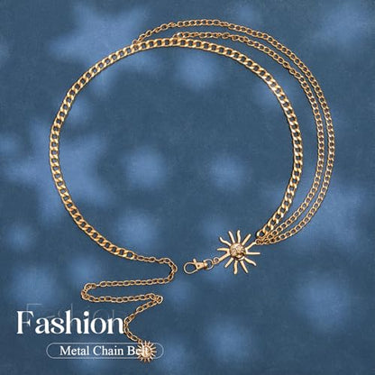 Chain Belt for Women Fashion Metal Waist Chain Belt for Dress Jeans - size: Fit Waist Up to 55'', style: Gold-sun