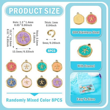 8Pcs Colorful Starfish Enamel Charms Ocean Animal Starfish Charms Stainless Steel Pendant with Jump Rings Golden for DIY Jewelry Making Necklace Bracelet Keychain - color: Starfish