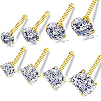 14k Gold Plated Nose Rings Studs for Women 316L Surgical Steel Nose Piercings 22g/20g/18g Gauges 1.5mm/2mm/2.5mm/3mm/3.5mm/4.5mm Sizes - color: 20g 8pcs Bone Gold Surgical Steel