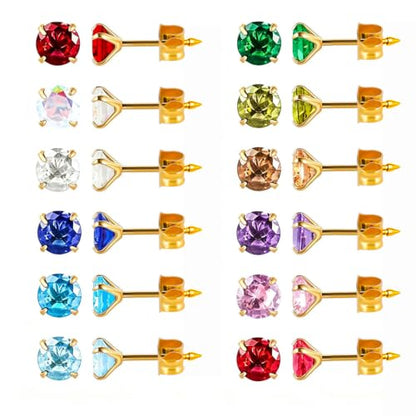 12 Pairs Ear Piercing Stud Earrings for Ear Piercing Guns, Surgical Stainless Steel Multicolor Round Heart Star Cubic Zirconia Birthstone Stud Earrings Set - style: Gold round A-4mm