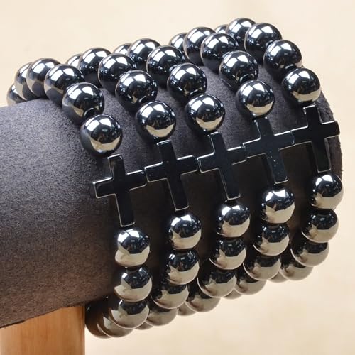 MASSIVE BEADS Handmade Yoga Stretch Elastic Bracelet Natural Stone Crystal Healing Power Energy Gifts for Unisex Adult 4mm 6mm 8mm 10mm - color: BELIEF FAITH(Hematite and Cross B), size: 10mm