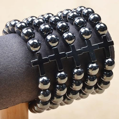 MASSIVE BEADS Handmade Yoga Stretch Elastic Bracelet Natural Stone Crystal Healing Power Energy Gifts for Unisex Adult 4mm 6mm 8mm 10mm - color: BELIEF FAITH(Hematite and Cross B), size: 10mm