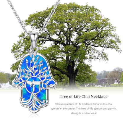Hamsa Necklace 925 Sterling Silver Evil Eye/Lotus Flower/Star of David/Chai/Yin Yang Hamsa Hand Pendant Jewelry Hand of Fatima Gifts for Women - style: Chai-Blue Opal