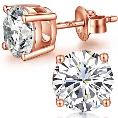 Sparkling 925 Sterling Silver Round Cut 5A+ Cubic Zirconia CZ Stud Earrings Hypoallergenic Earrings for Women/Men 4MM-8MM - color: D: Rose Color, size: 8mm