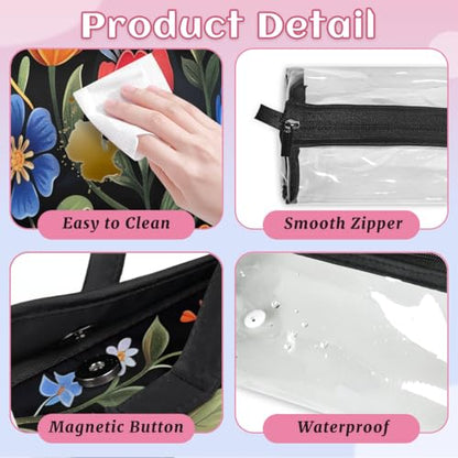 Boho Flower Hanging Roll Up Cosmetic Bag with 4 Removable Storage Bags Waterproof Foldable Toiletry Kit for Women - color: Multicolor 19