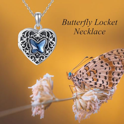 YFN Locket Necklace 925 Sterling Silver Heart Locket Necklace that Holds Pictures for Women Jewelry Gifts - style: heart butterfly locket