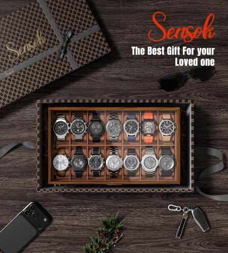 Watch Case Box for Men - Ultra-thin Frame Wide Display 14 Slots 2-Layer Wooden Grain Watch Sunglass Storage Organizer, Real Glass Lid Display Case Gift for Dad Husband - size: 14 Slots, Wooden Pattern