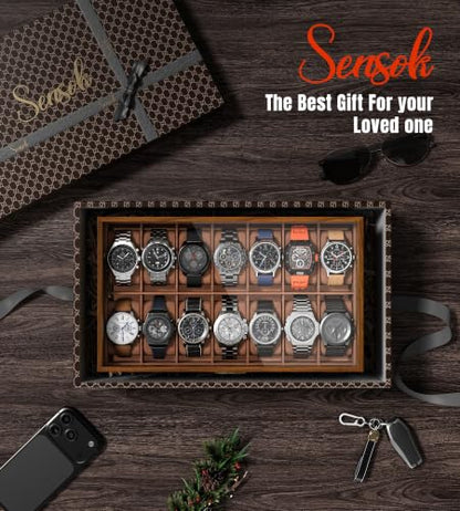 Watch Case Box for Men - Ultra-thin Frame Wide Display 14 Slots 2-Layer Wooden Grain Watch Sunglass Storage Organizer, Real Glass Lid Display Case Gift for Dad Husband - size: 14 Slots, Wooden Pattern
