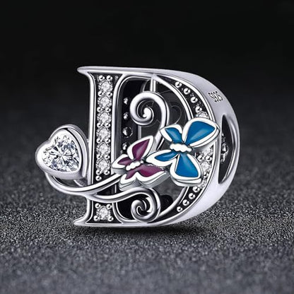 S925 Silver Butterfly Initial Letter Charms Fit for Pandora Charms Bracelets and Necklace Alphabet Bead Charms Jewelry Gifts for Women - color: D