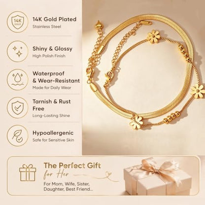 Waterproof Gold Plated Layered Anklets for Women Daisy/Herringbone/Heart Charm/Bead Chain Non Tarnish Stainless Steel Summer Foot Jewelry Gift for Her, with Gift Box - color: 1. herringbone+ daisy