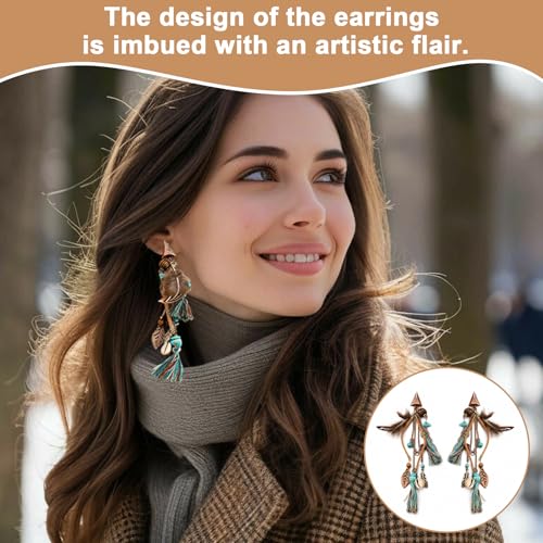 1 Pair Long Boho Feather Tassel Earrings for Women, Dangle Drop Vintage Ethnic Tribal Statement Jewelry Accessory