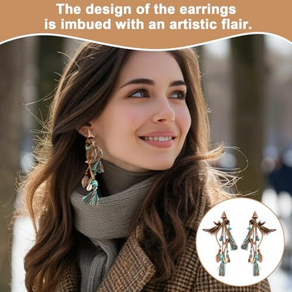 1 Pair Long Boho Feather Tassel Earrings for Women, Dangle Drop Vintage Ethnic Tribal Statement Jewelry Accessory