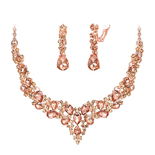Wedding Statement Necklace Clip-on Earrings Jewelry Set | Sparkling Austrian Crystal Teardrop Cluster for Party Prom Accessories - color: 09-Peach Rose-Gold-Tone