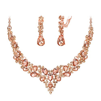 Wedding Statement Necklace Clip-on Earrings Jewelry Set | Sparkling Austrian Crystal Teardrop Cluster for Party Prom Accessories - color: 09-Peach Rose-Gold-Tone
