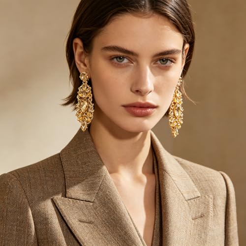 Rhinestone Drop Earrings for Women Chunky Gold Crystal Teardrop Earrings Statement Wedding Party Prom Bridal Jewelry - color: Gold
