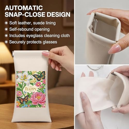 Diamond Art Painting Eye Glass Bag PU Sunglasses Glasses Storage Bag Built-in Glasses Cloth Press Automatic Closure - color: Butterfly Flowers
