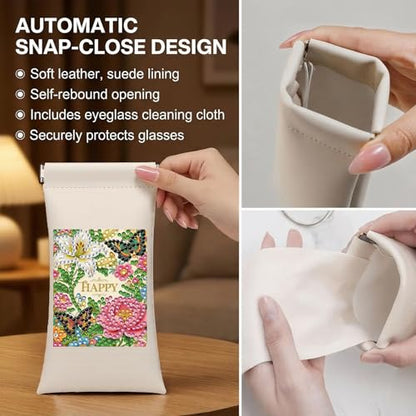 Diamond Art Painting Eye Glass Bag PU Sunglasses Glasses Storage Bag Built-in Glasses Cloth Press Automatic Closure - color: Butterfly Flowers