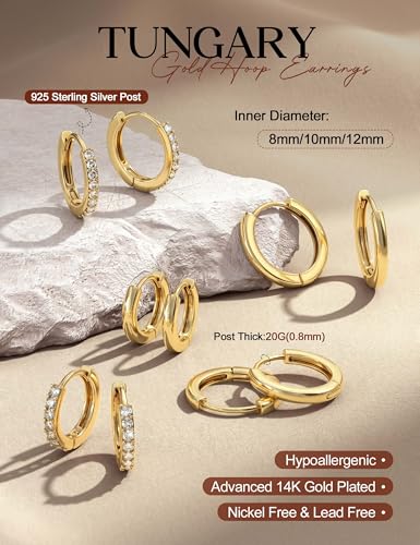 Tungary Small Gold Hoop Earrings for Women Huggie CZ Hoops Earring Stacks | Hypoallergenic Earing Hoops for Sensitive Ears, Earrings Stack Set for Cartilage, Secure Clasp, Silver/Black/14K Gold Plated - color: 14K Gold-Sterling Silver Post
