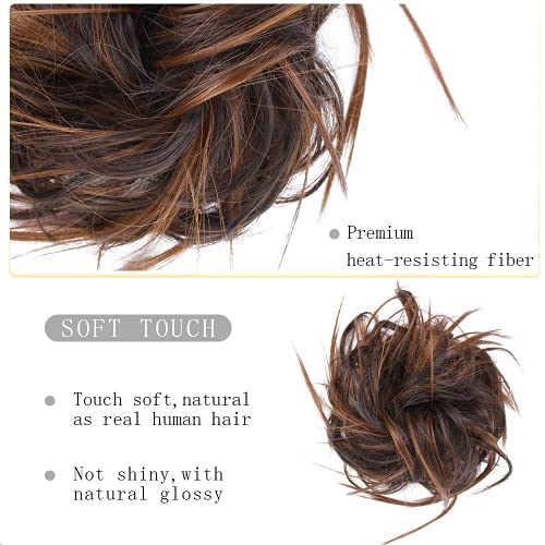 HMD Tousled Updo Messy Bun Hair Piece for Women Synthetic Hair Extension | Messy Bun Hair Piece with Elastic Scrunchie Synthetic Tousled Updos Ponytail Hairstyles for Daily Wear - color: 6AH30# (Dark Brown & Light Auburn)