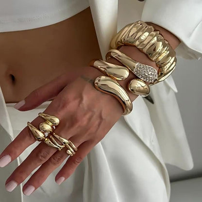 Chunky Gold Bangle Bracelets for Women Trendy Irregular Statement Cuff Bracelets Stack Wide Minimalist 3PCS Bangle Set Jewelry - style: Gold A