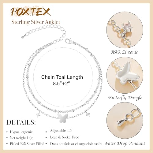 Gold/Sterling Silver Anklet Bracelets for Women Waterproof, Non Tarnish 925 Sterling Sliver Plated Heart Evileye Butterfly Charm, Dainty Summer Beach Anklets for Women, Beach Vacation Bikini Outfits for Her Mom - style: Butterfly-Silver