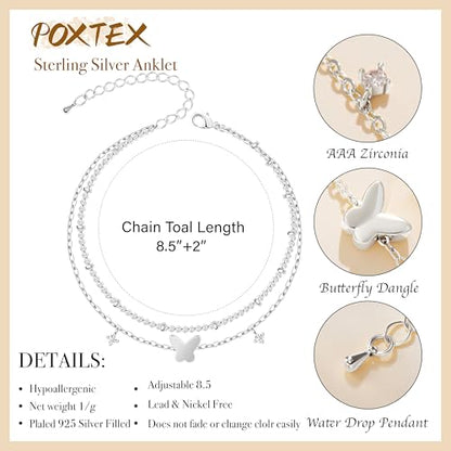 Gold/Sterling Silver Anklet Bracelets for Women Waterproof, Non Tarnish 925 Sterling Sliver Plated Heart Evileye Butterfly Charm, Dainty Summer Beach Anklets for Women, Beach Vacation Bikini Outfits for Her Mom - style: Butterfly-Silver