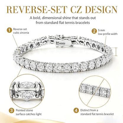 TOPGRILLZ Tennis Bracelets for Women Men, 1 Row 5 mm Cubic Zirconia Bracelet, Iced out Reverse-Set Stone, Box Clasp Anniversary Fashion Jewelry 7-8 Inches - color: Silver Clear