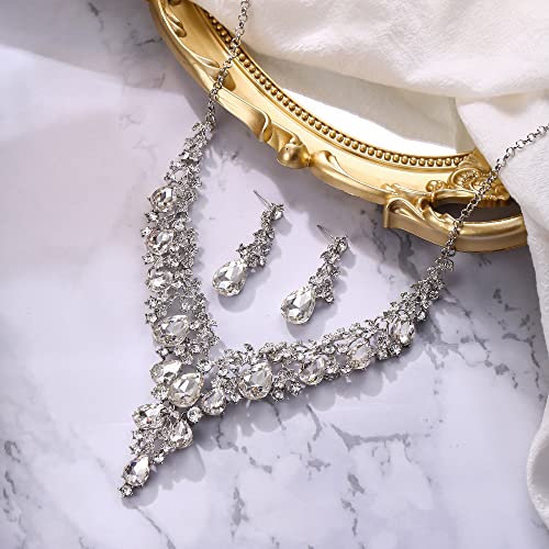 BriLove Women's Wedding Bridal Austrian Crystal Teardrop Flower Cluster Statement Necklace Dangle Earrings Jewelry Set for Party Prom - color: 2Pcs-Clear Silver-Tone