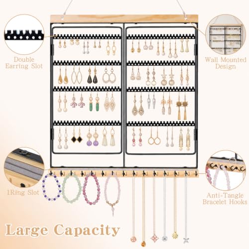 Hanging Jewelry Organizer 4-Tier Wall Earring Holder for Necklaces, Rings | Natural wood & solid metal wall jewelry rack , Dual earring grid slots & bottom hooks store earrings, bracelets