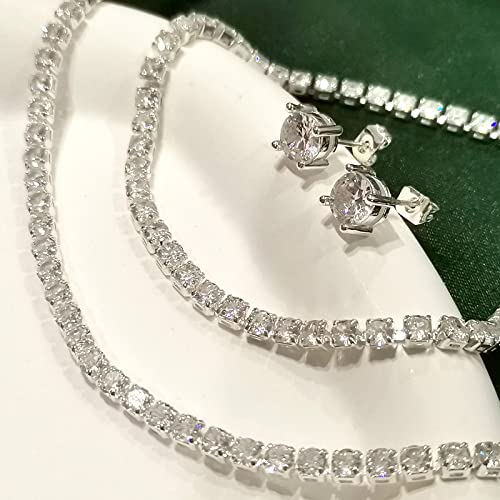 Luxval Tennis Necklace Set for Women Tennis Bracelets Diamond Earrings Sterling Silver Necklace Wedding Jewelry for Bride Silver Jewelry Sets for Women Gift - color: Silver-cz stud tennis set