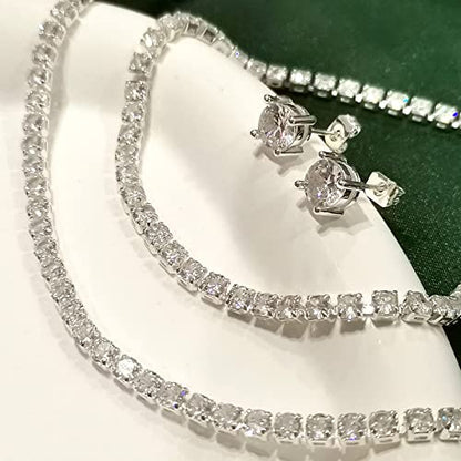 Luxval Tennis Necklace Set for Women Tennis Bracelets Diamond Earrings Sterling Silver Necklace Wedding Jewelry for Bride Silver Jewelry Sets for Women Gift - color: Silver-cz stud tennis set