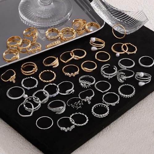Golden Silvery Knuckle Rings Set for Women, Stackable Rings Bohemian Crystal Hollow Carved Flowers Joint Finger Rings Pack Fashion Jewelry Gifts for Birthday - color: 46 PCS-2