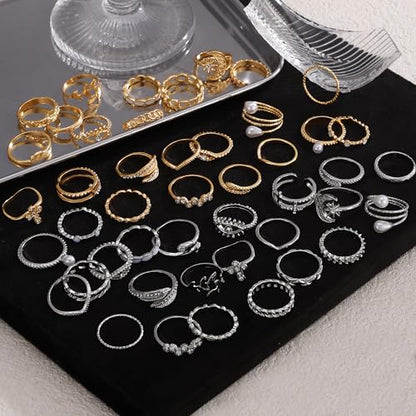 Golden Silvery Knuckle Rings Set for Women, Stackable Rings Bohemian Crystal Hollow Carved Flowers Joint Finger Rings Pack Fashion Jewelry Gifts for Birthday - color: 46 PCS-2