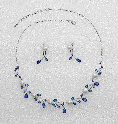Faship Genuine 10mm Freshwater Pearls Floral Necklace Earrings Set | Premium CZ Crystal, Gorgeous, Sparkling - color: Blue