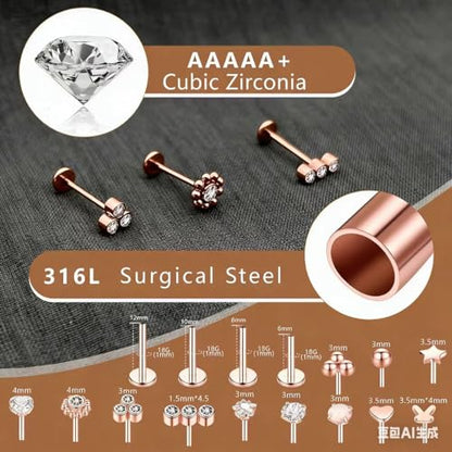 15Pcs 20G/18G/16G Flat Back Push in Stud Earrings 316L Surgical Stainless Threadless nose rings Medusa Piercing Jewelry Hypoallergenic Labret Studs Lip Rings ring for Women Men Be Equipped With Ball Grabber Tool - color: Rose Gold, size: 20G(0.8MM)