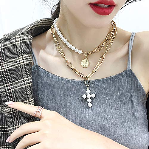 CSIYANJRY99 Layered Gold Necklaces for Women Chunky Gold Necklace Stack Layered Cuban Paperclip Snake Chain Necklace Retro Coin Dainty Pendant Toggle Clasp Necklace - style: Pearl Cross