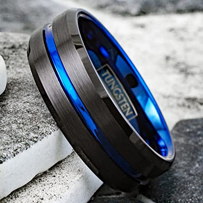 Stunning 6mm/8mm Brushed Satin Finish Black Tungsten Carbide Band Ring w/Brilliant Thin Blue Line Stripe & Matching Brilliant Blue Comfort Fit Inner Band.