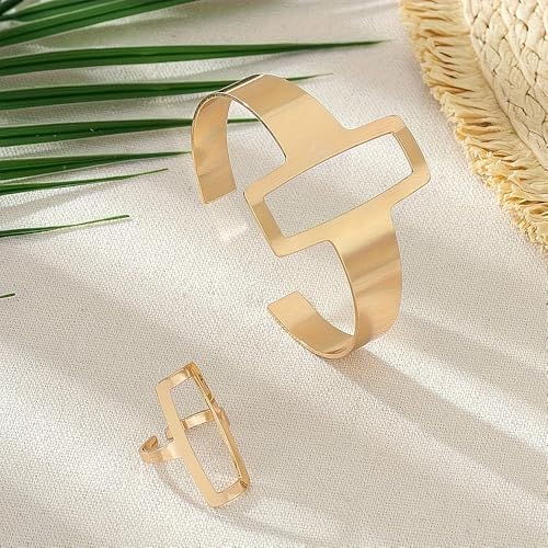 GIGB PBDK Chunky 14K Gold Ring Bracelet Set Punk Exaggerated Open Cuff Bracelets Geometric Simple Hollow Rectangle Ring Jewelry Set Presents for Women Wife