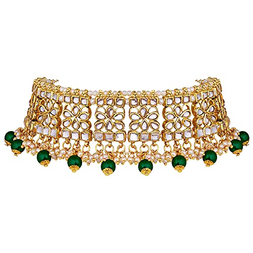 Aheli Elegant Indian Faux Kundan Studded Choker Necklace with Maang Tikka Set Ethnic Wedding Wear Bharatanatyam jewellery set Gift for Women - color: Green